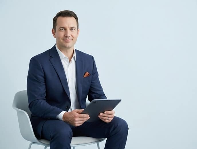 Law firm owner reviewing Facebook ads strategy on a pale blue Forward Push background