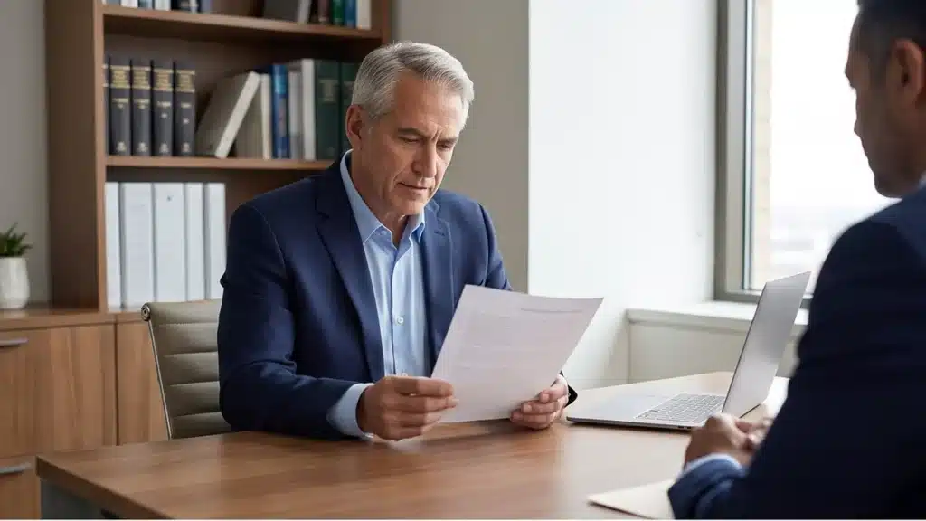 Attorney reviewing professional recognition materials in a clean law office