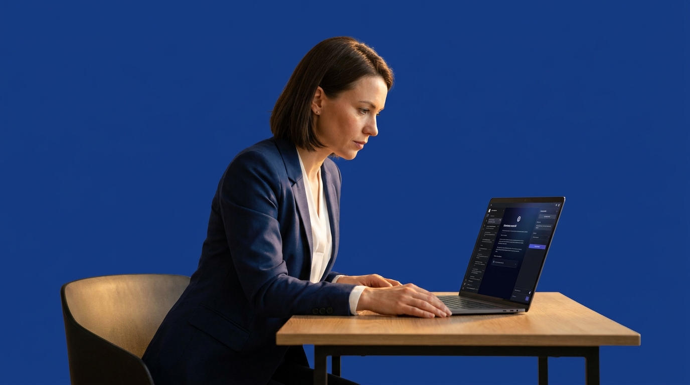 Professional marketing consultant at desk with AI interface on laptop